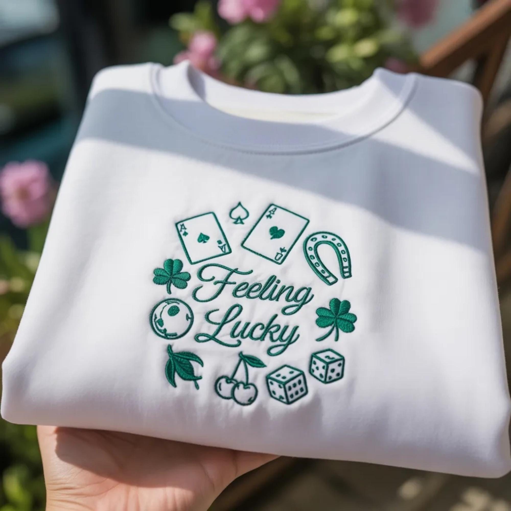 Feeling Lucky Embroidered Sweatshirt, St. Patrick's Day Casino Poker Shirt, Horseshoe Shamrock Apparel, Lucky Charm Gift Crewneck Top