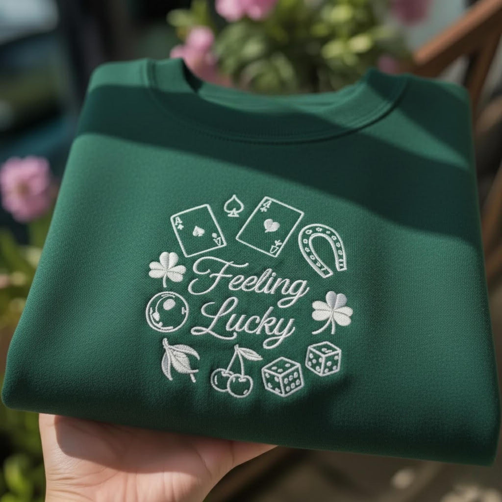 Feeling Lucky Embroidered Sweatshirt, St. Patrick's Day Casino Poker Shirt, Horseshoe Shamrock Apparel, Lucky Charm Gift Crewneck Top