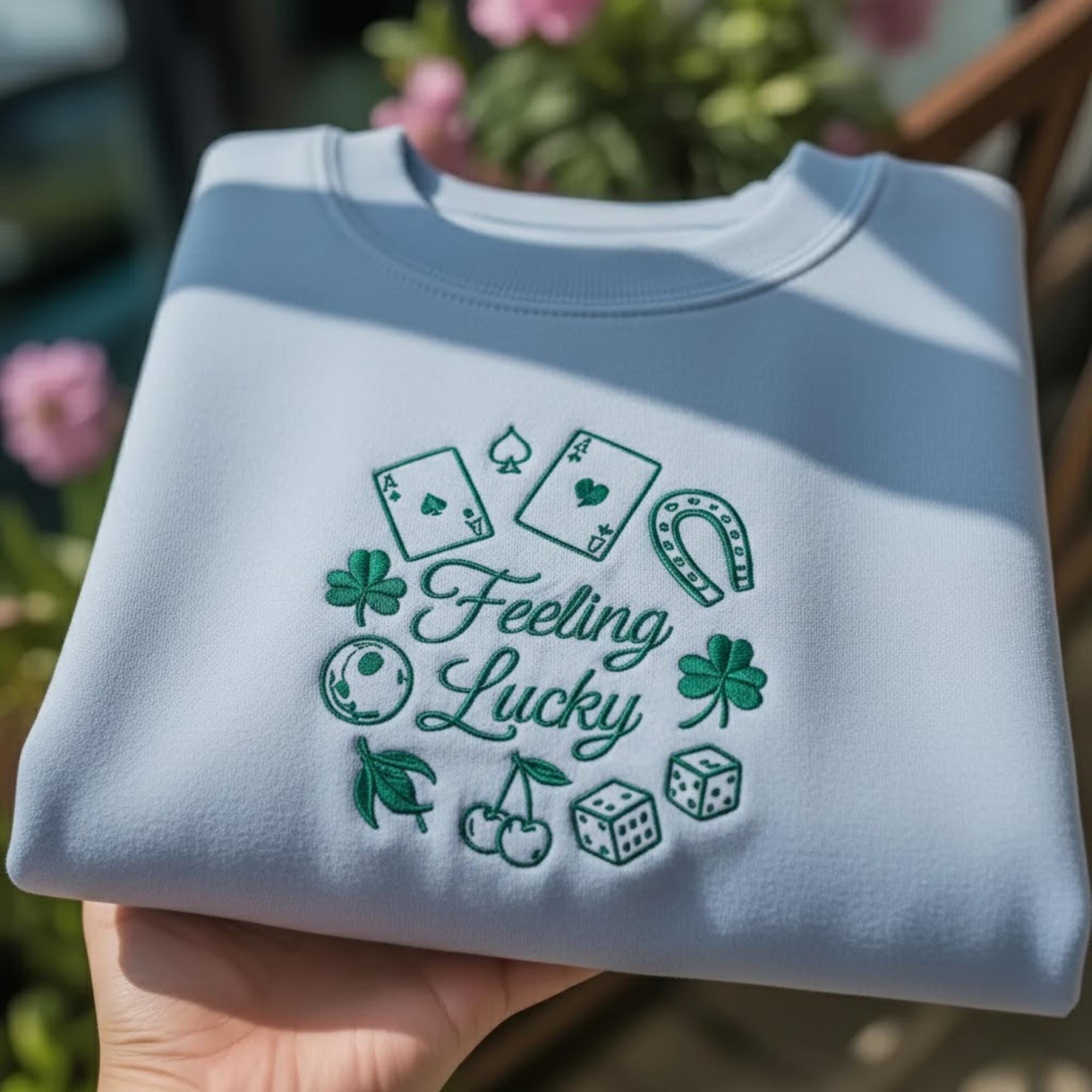 Feeling Lucky Embroidered Sweatshirt, St. Patrick's Day Casino Poker Shirt, Horseshoe Shamrock Apparel, Lucky Charm Gift Crewneck Top