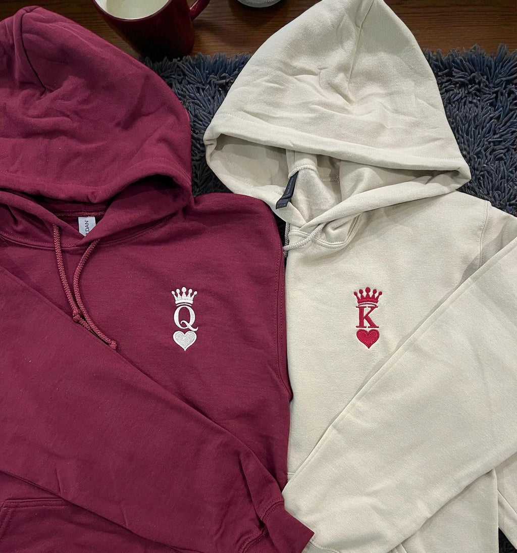 Custom Embroidered Hoodie, King And Queen Of Hearts Couples Hoodies, Christmas Gift, Anniversary Gift