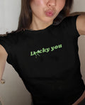 Lucky You Baby Tee, Y2K Shamrock Crop Top, Trendy Irish Lucky Shirt