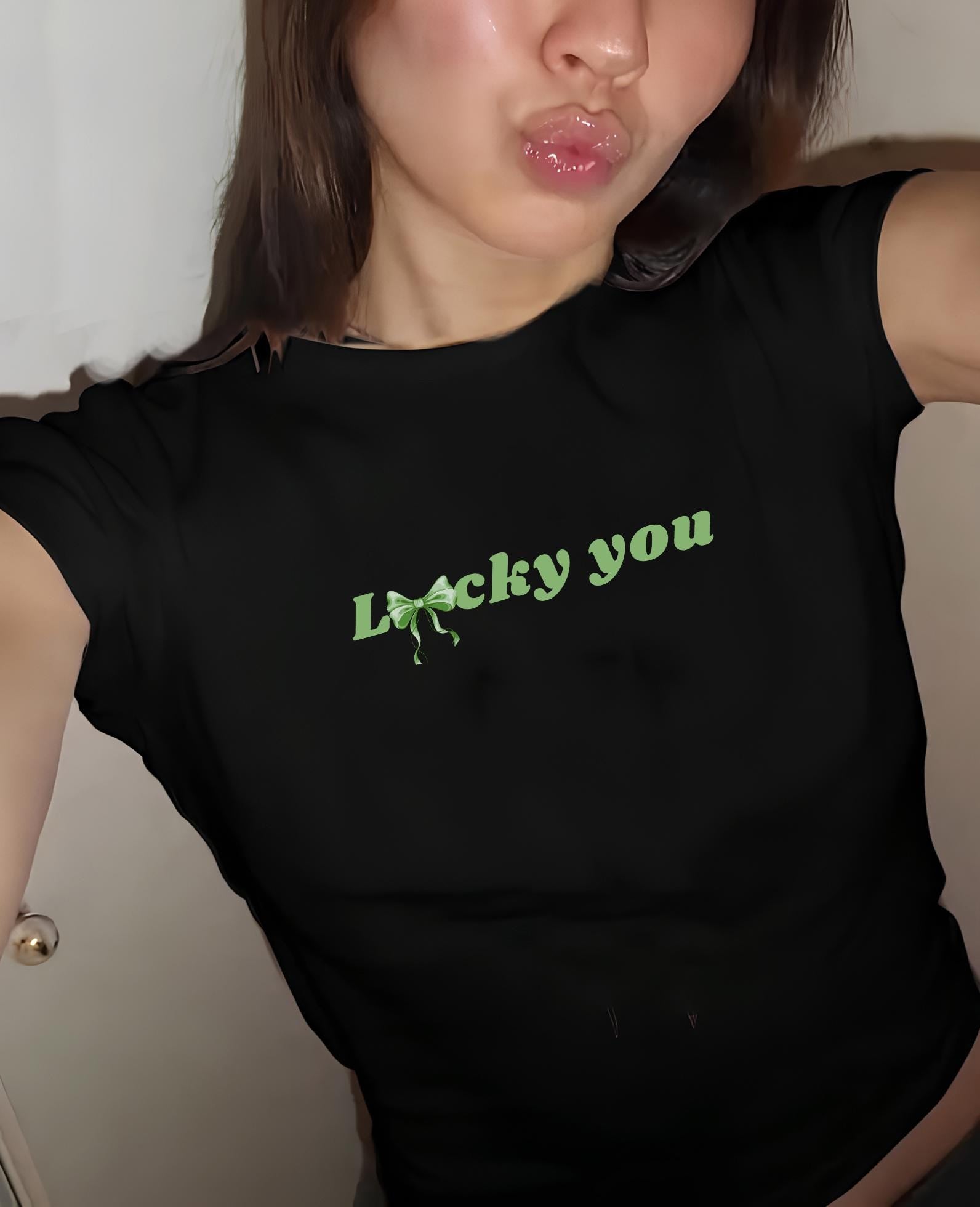 Lucky You Baby Tee, Y2K Shamrock Crop Top, Trendy Irish Lucky Shirt