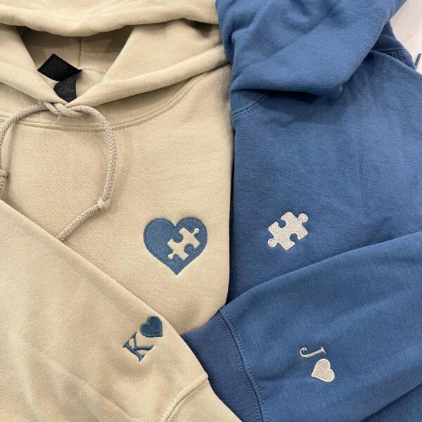 Custom Embroidered Sweatshirt, Heart And Puzzle Piece Couples Hoodie, Initial With Heart On Sleeve Shirt