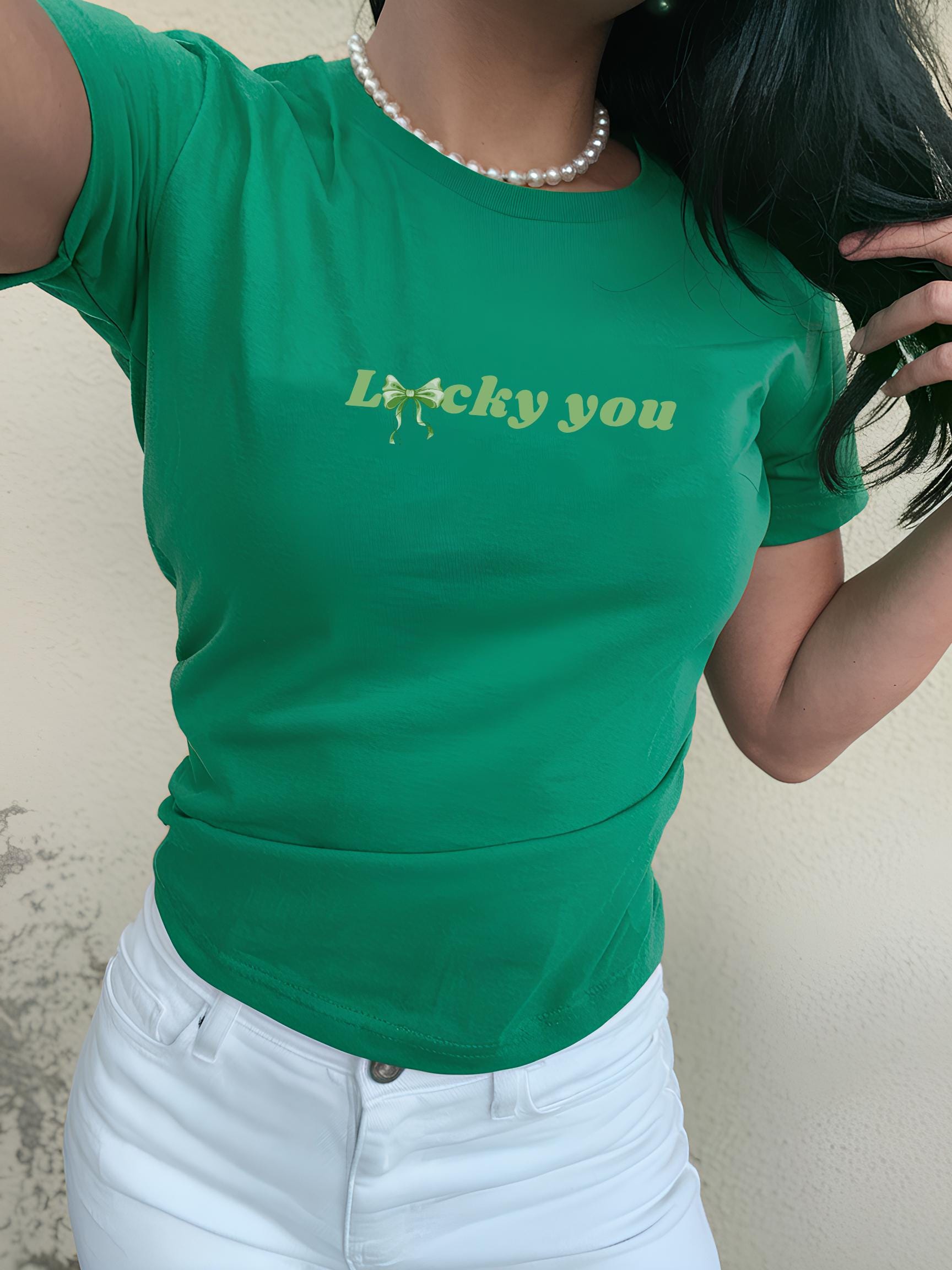 Lucky You Baby Tee, Y2K Shamrock Crop Top, Trendy Irish Lucky Shirt