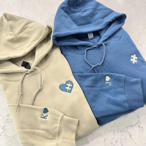 Custom Embroidered Sweatshirt, Heart And Puzzle Piece Couples Hoodie, Initial With Heart On Sleeve Shirt