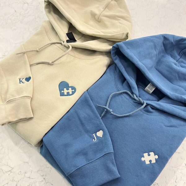 Custom Embroidered Sweatshirt, Heart And Puzzle Piece Couples Hoodie, Initial With Heart On Sleeve Shirt