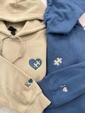 Custom Embroidered Sweatshirt, Heart And Puzzle Piece Couples Hoodie, Initial With Heart On Sleeve Shirt