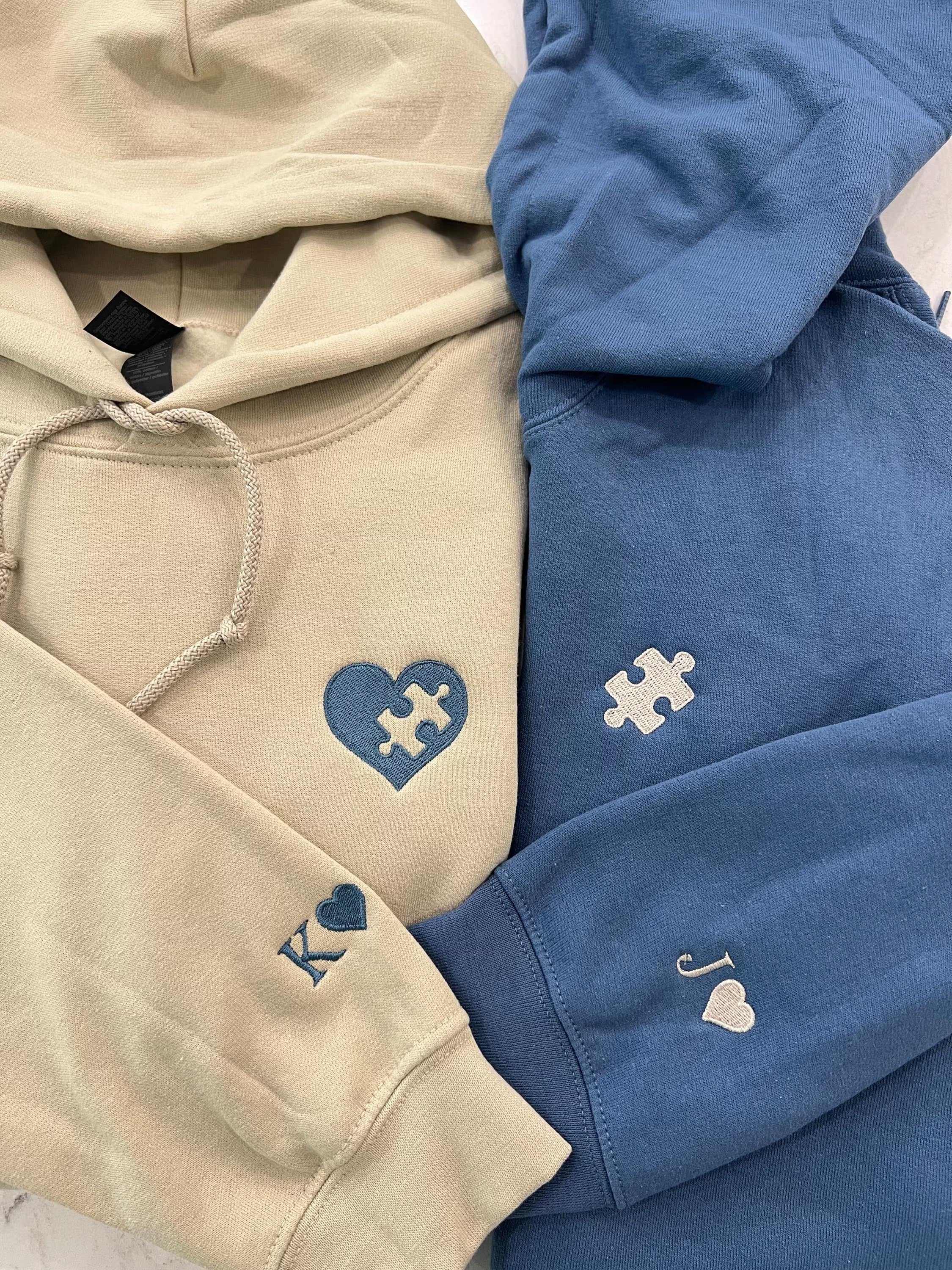 Custom Embroidered Sweatshirt, Heart And Puzzle Piece Couples Hoodie, Initial With Heart On Sleeve Shirt