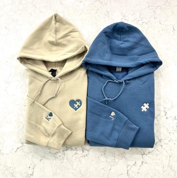 Custom Embroidered Sweatshirt, Heart And Puzzle Piece Couples Hoodie, Initial With Heart On Sleeve Shirt
