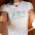 Lucky Charm Baby Tee, St. Patrick’s Day Irish Shirt for Women, Sorority Lucky Phrase Tee