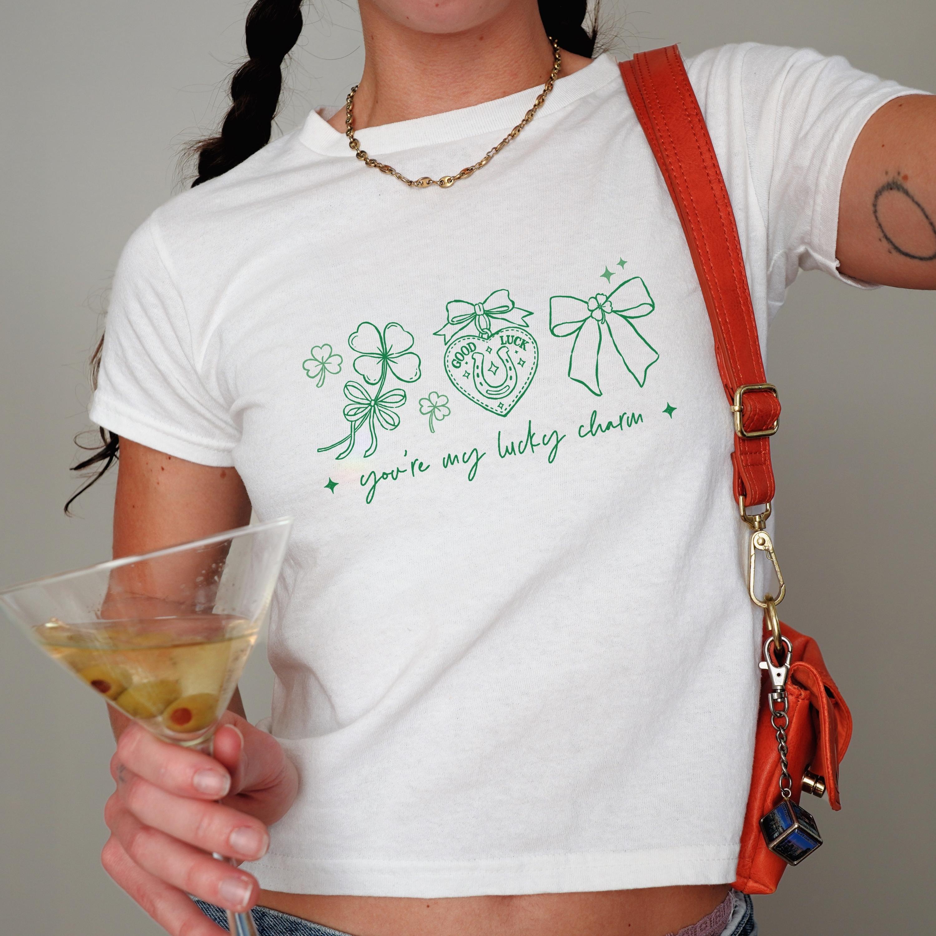 Lucky Charm Baby Tee, St. Patrick’s Day Irish Shirt for Women, Sorority Lucky Phrase Tee