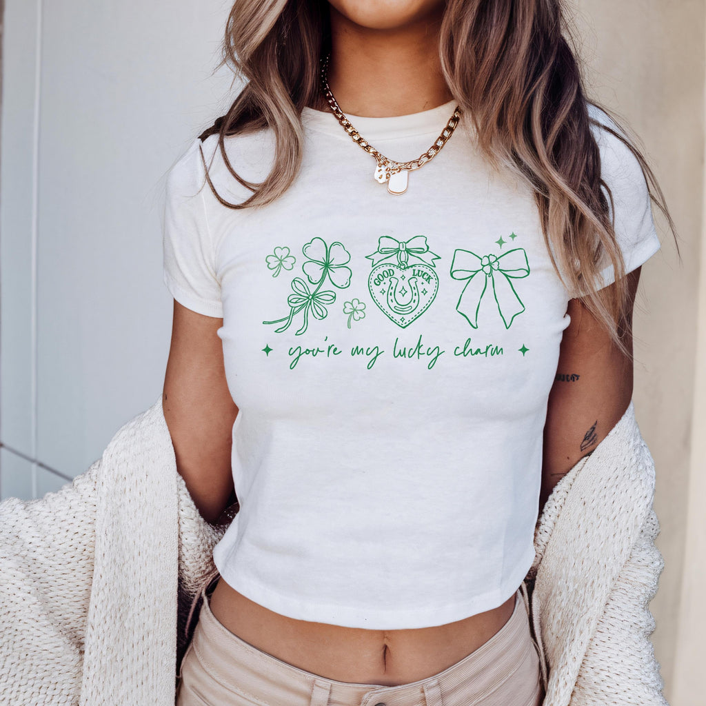 Lucky Charm Baby Tee, St. Patrick’s Day Irish Shirt for Women, Sorority Lucky Phrase Tee