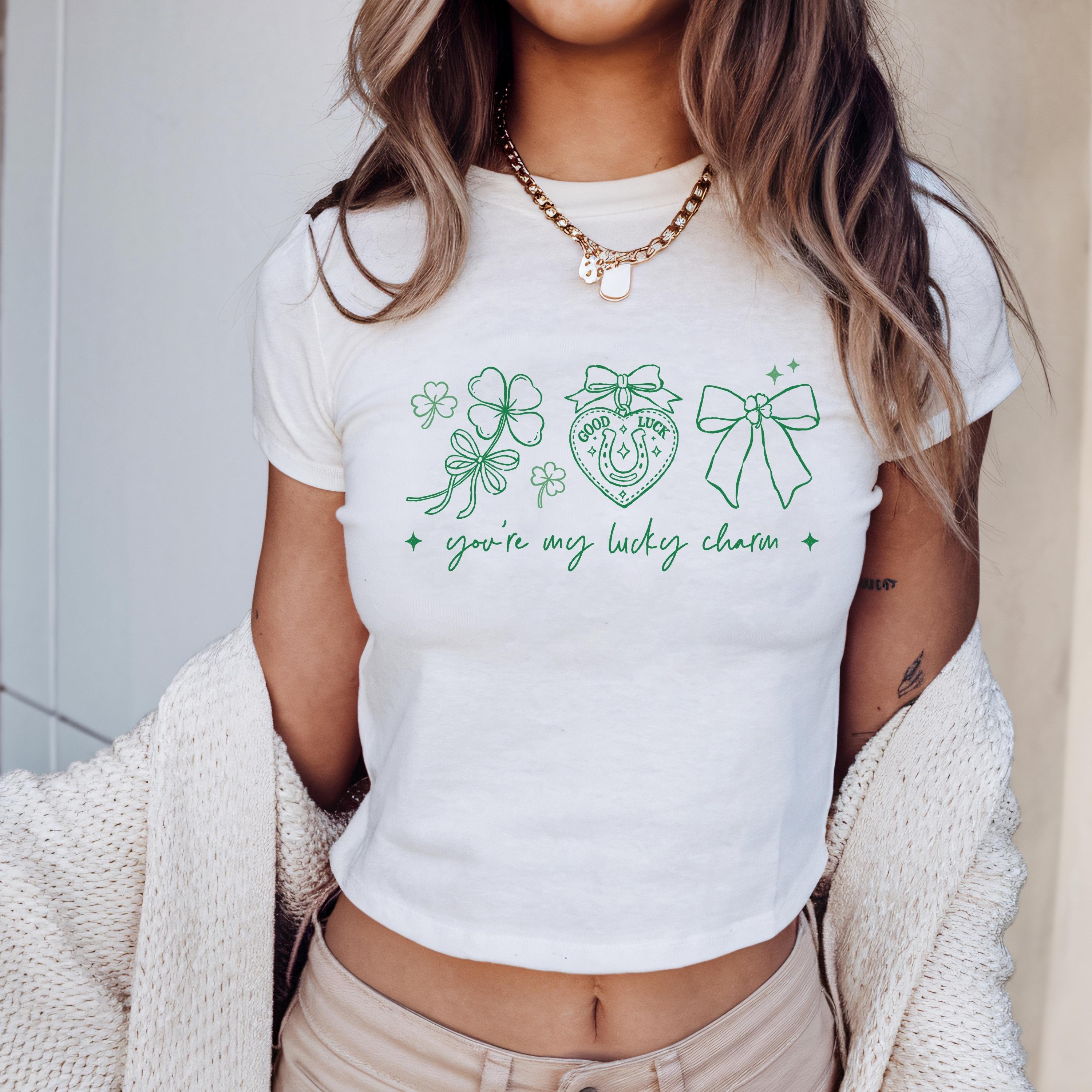 Lucky Charm Baby Tee, St. Patrick’s Day Irish Shirt for Women, Sorority Lucky Phrase Tee