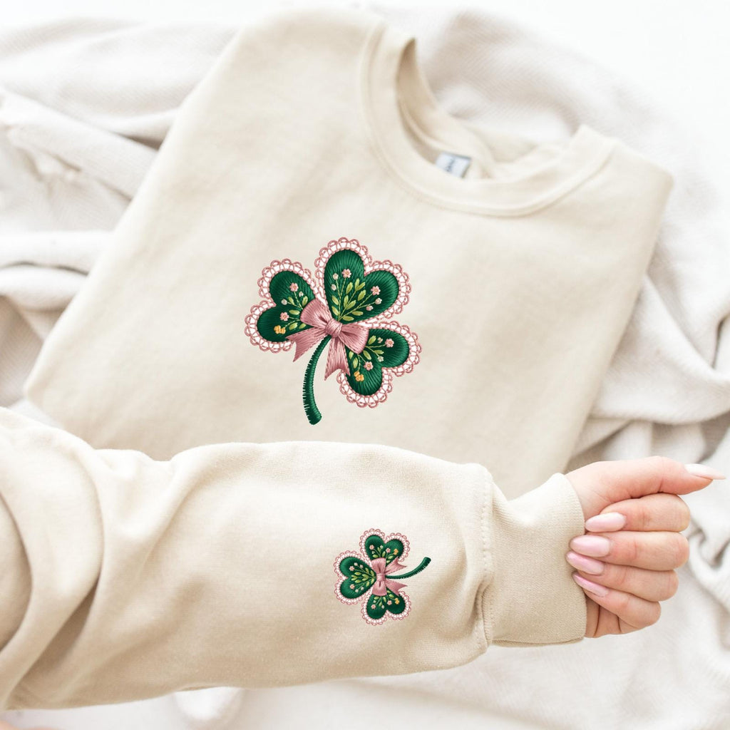 St. Patrick’s Day Shamrock Sweatshirt, Faux Embroidery Lucky Clover Crewneck, Cute Coquette Irish Pullover