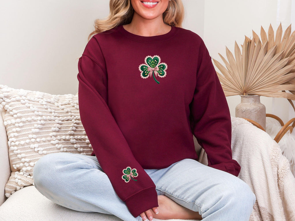 St. Patrick’s Day Shamrock Sweatshirt, Faux Embroidery Lucky Clover Crewneck, Cute Coquette Irish Pullover