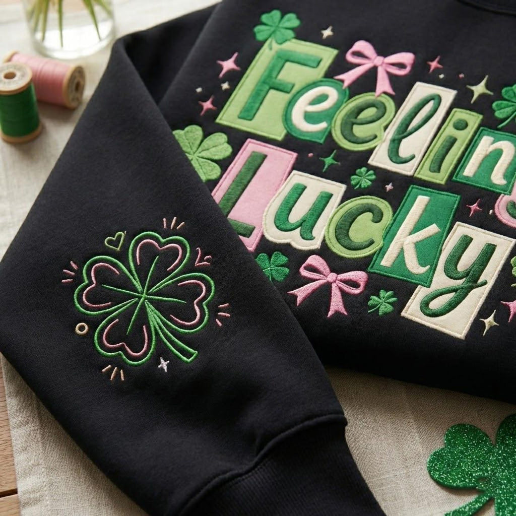 Embroidered Feeling Lucky Sweatshirt, Funny Irish Shirt, St Patrick’s Day Crewneck, Patrick Day Apparel, Woman Lucky Gift