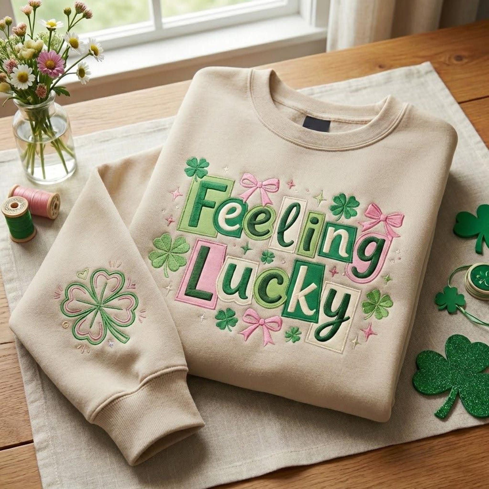 Embroidered Feeling Lucky Sweatshirt, Funny Irish Shirt, St Patrick’s Day Crewneck, Patrick Day Apparel, Woman Lucky Gift