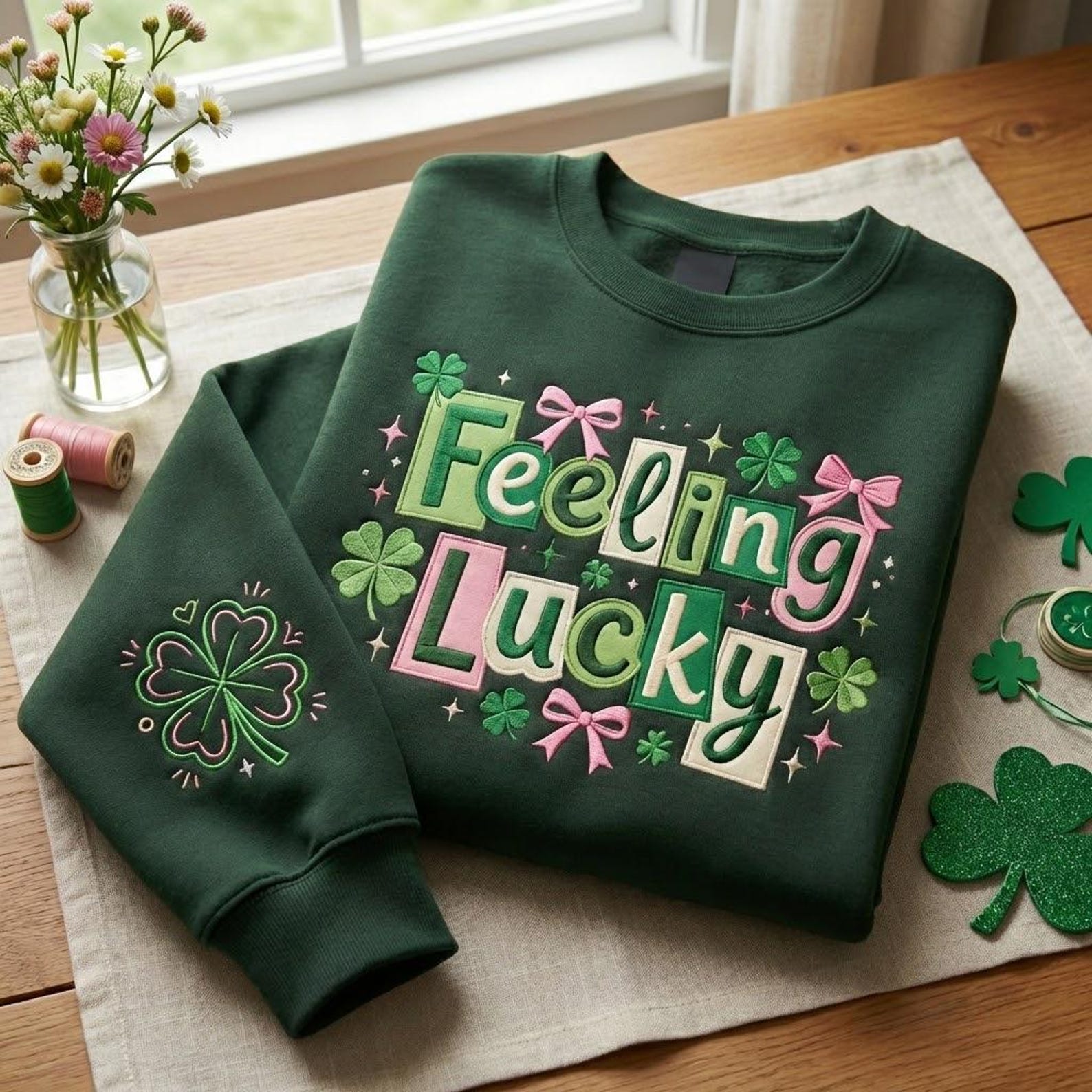 Embroidered Feeling Lucky Sweatshirt, Funny Irish Shirt, St Patrick’s Day Crewneck, Patrick Day Apparel, Woman Lucky Gift
