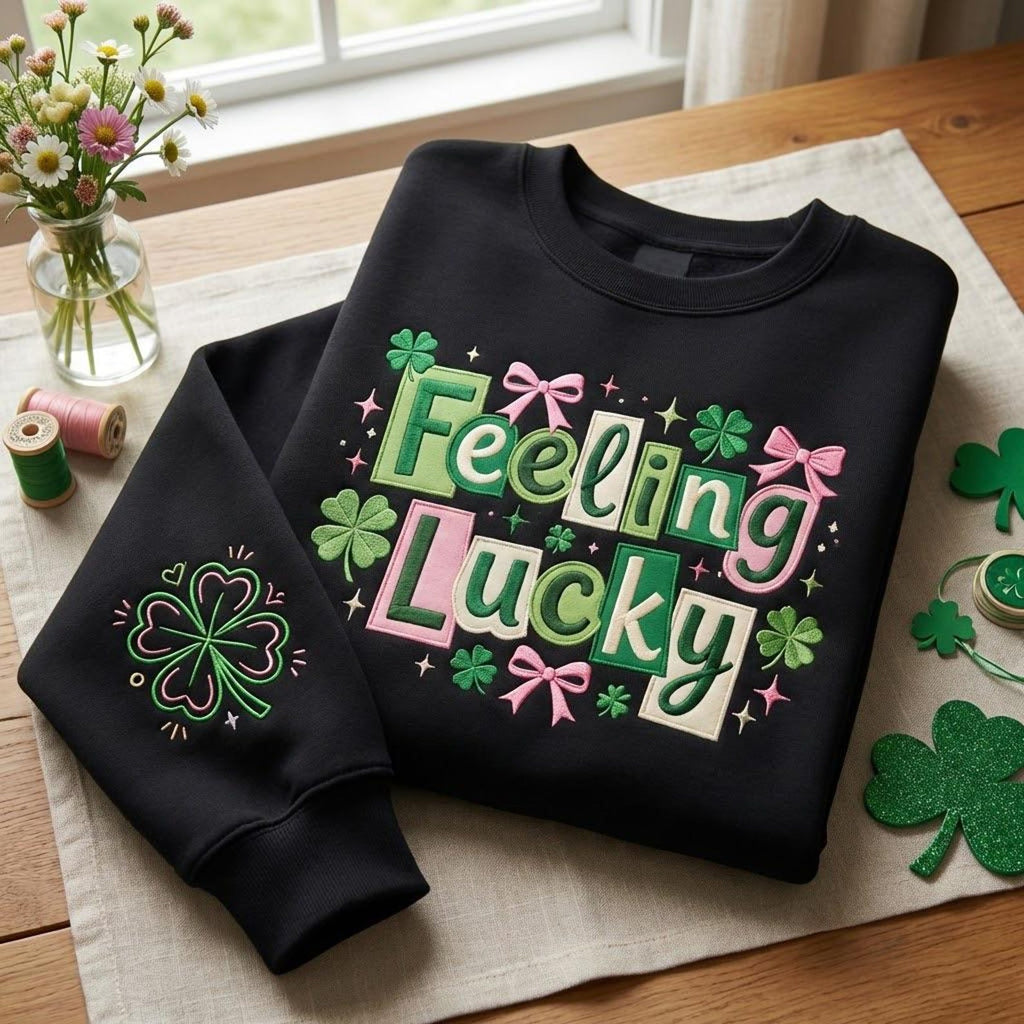 Embroidered Feeling Lucky Sweatshirt, Funny Irish Shirt, St Patrick’s Day Crewneck, Patrick Day Apparel, Woman Lucky Gift
