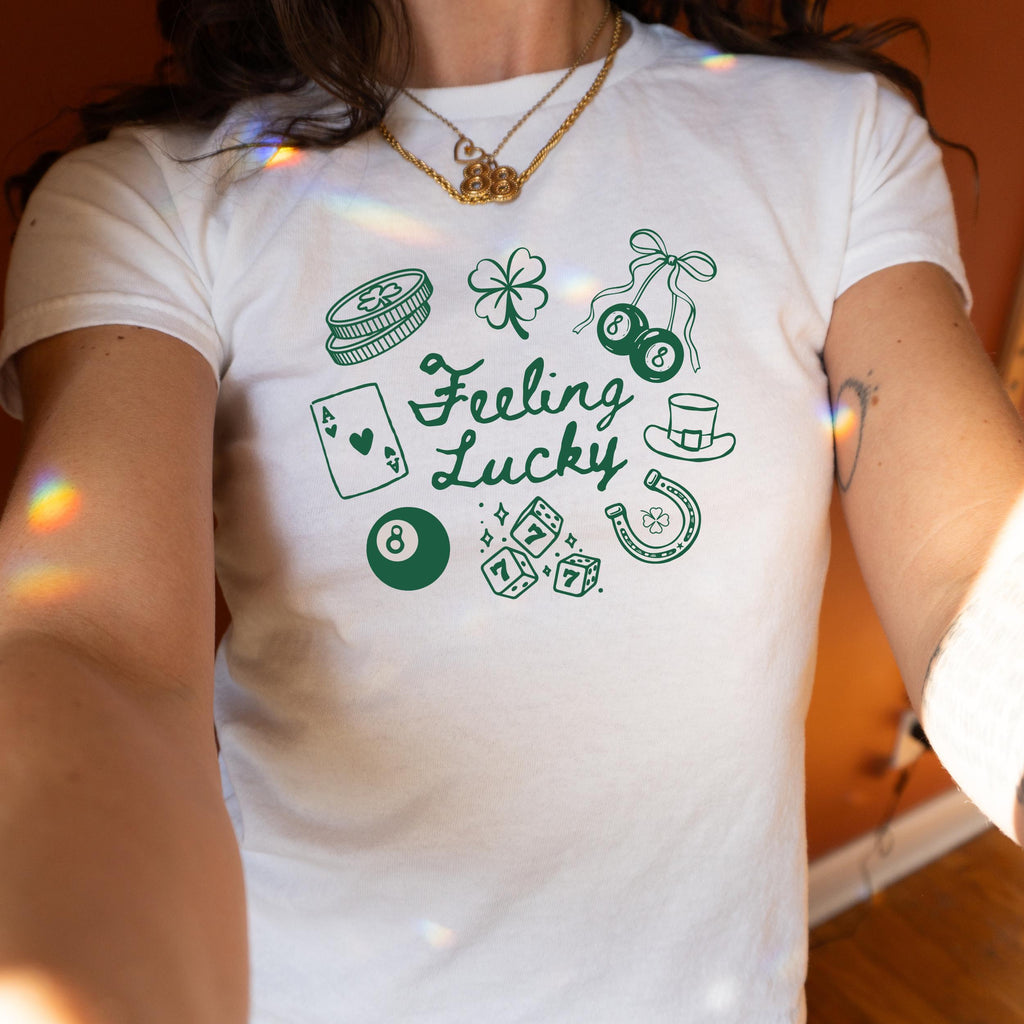 Feeling Lucky Baby Tee, St Patricks Day Baby Tee, St Patty’s Day Shirt, Y2K Trendy 90’s Baby Tee, Lucky 7 Shirt Coquette Tee