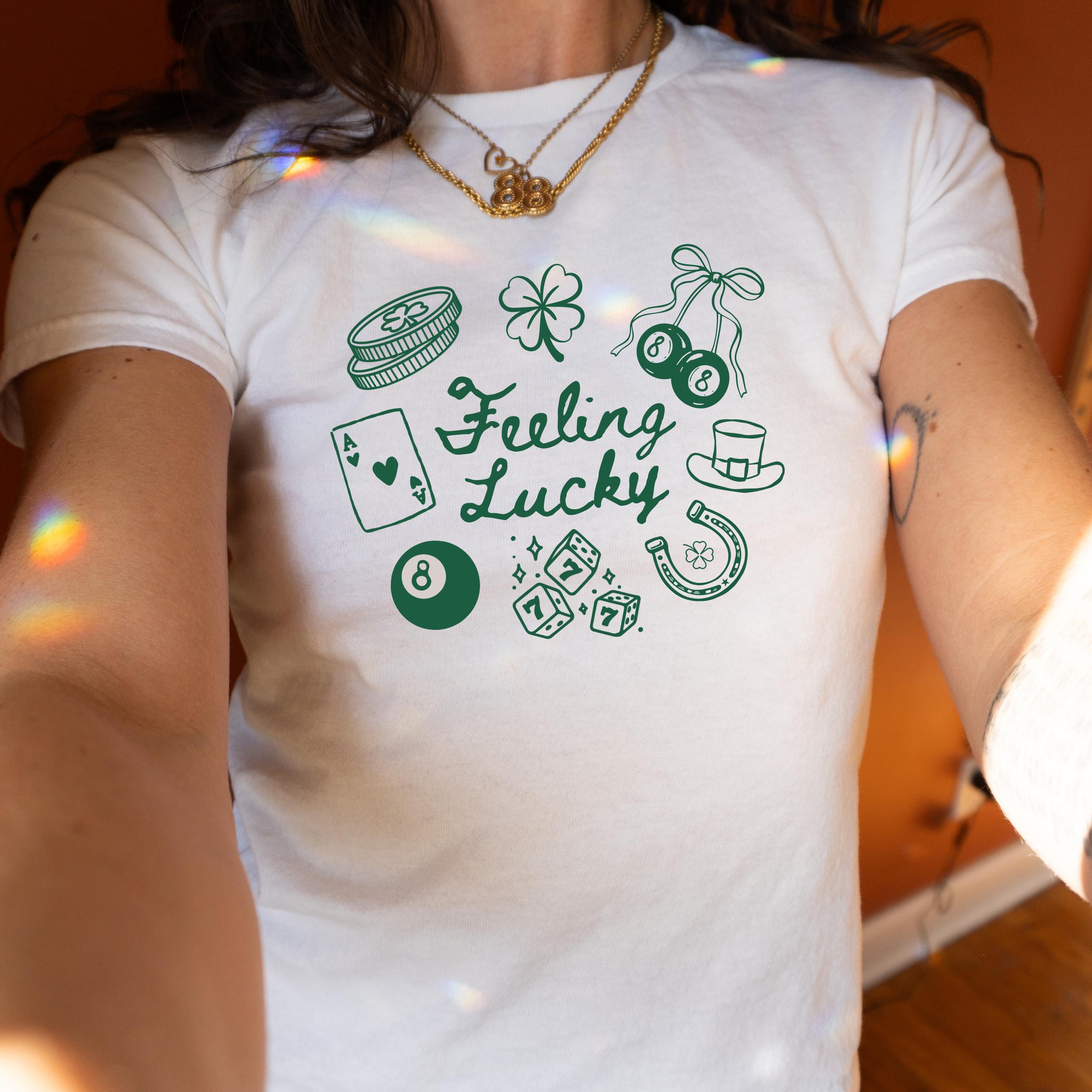 Feeling Lucky Baby Tee, St Patricks Day Baby Tee, St Patty’s Day Shirt, Y2K Trendy 90’s Baby Tee, Lucky 7 Shirt Coquette Tee