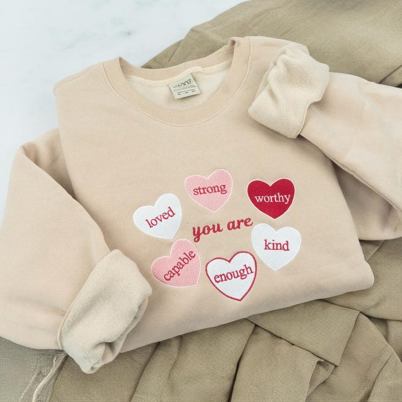 Valentine Heart Embroidered Sweatshirt, Romantic Crewneck, Valentine’s Day Gift