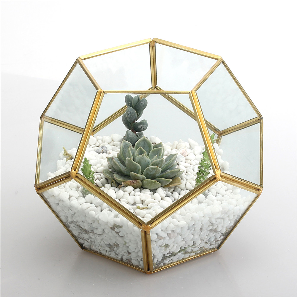 Copper Pentagon Ball Shape Glass Terrarium Plants Pot Home Decor - Image 7