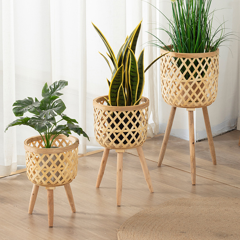 Handmade Bamboo Woven Plant Flower Pot with Stand - Image 3