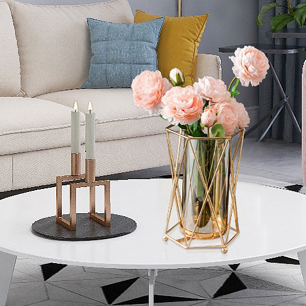 Modern Golden Metal Geometric Glass Flower Vase - Image 2