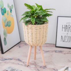Nordic Style Floor Woven Round Flowerpot Plant Pot  with Wooden