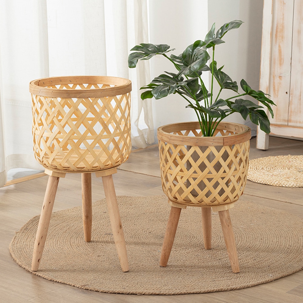 Handmade Bamboo Woven Plant Flower Pot with Stand - Image 2
