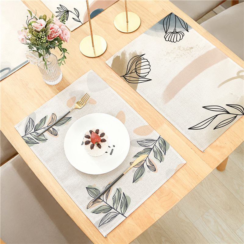 32x42cm Simple Morandi Plant Series White Linen Placemats, 2PCS/Set